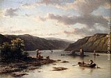 A Rhenish River Landscape With Fishermen In A Boat And Washerwomen On A Bank by Johannes Hilverdink